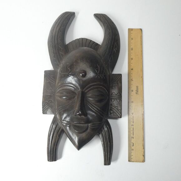 Horned Senufo Wooden Wall Mask Vintage Carved Ivory Coast Africa - Picture 6 of 11